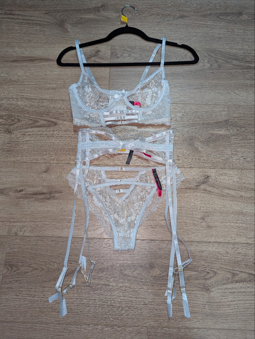 Sheer Lace Strappy Bra, Garter & Thong Set in White